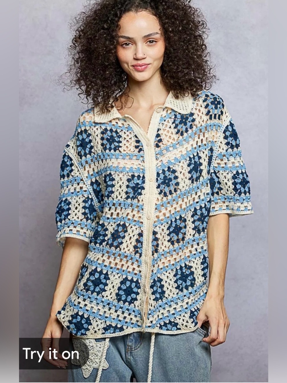 POL NWOT Crochet Button-Down Sweater in Blue and Cream OS
